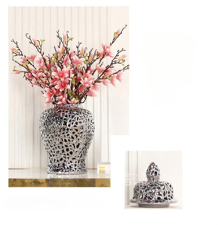 Ceramic Checkmate Jar Hollow Gold Ginger Jar Flower Vase Hollow Storage Tank Porcelain Handicraft Home Decoration Accessories - Grand Goldman