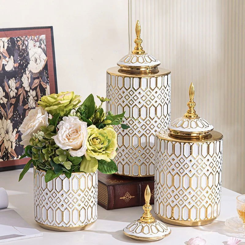 Ceramic Checkmate Jar Porcelain Jar of Ginger Flower Vase Gold Geometric Storage Tank Flower Arranging Craft Home Decoration - Grand Goldman