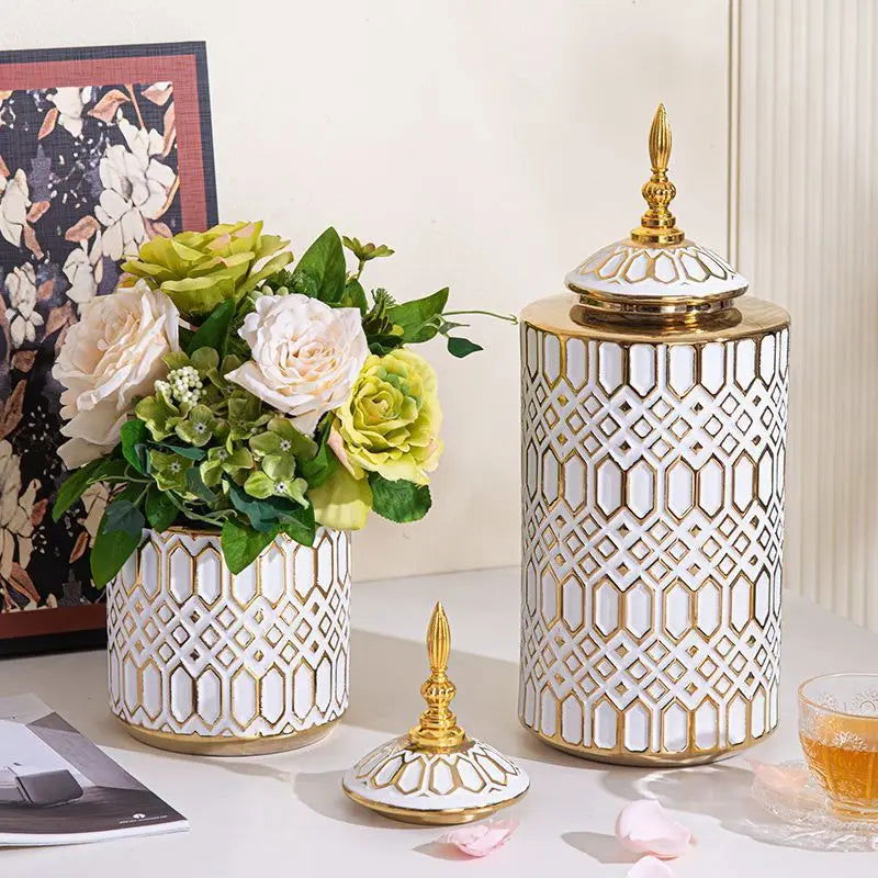 Ceramic Checkmate Jar Porcelain Jar of Ginger Flower Vase Gold Geometric Storage Tank Flower Arranging Craft Home Decoration - Grand Goldman