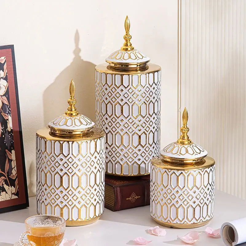 Ceramic Checkmate Jar Porcelain Jar of Ginger Flower Vase Gold Geometric Storage Tank Flower Arranging Craft Home Decoration - Grand Goldman