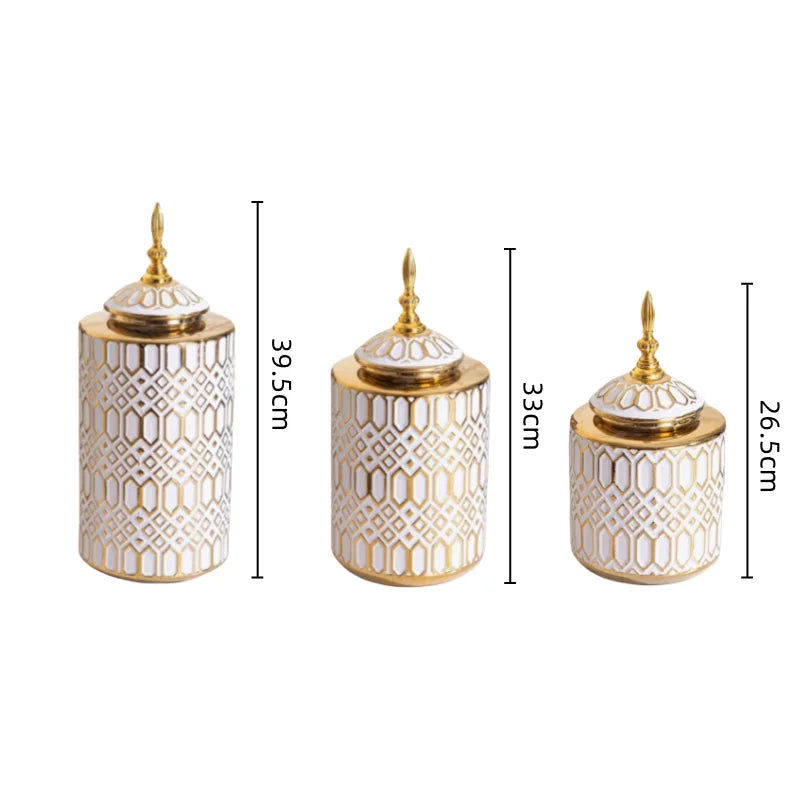 Ceramic Checkmate Jar Porcelain Jar of Ginger Flower Vase Gold Geometric Storage Tank Flower Arranging Craft Home Decoration - Grand Goldman