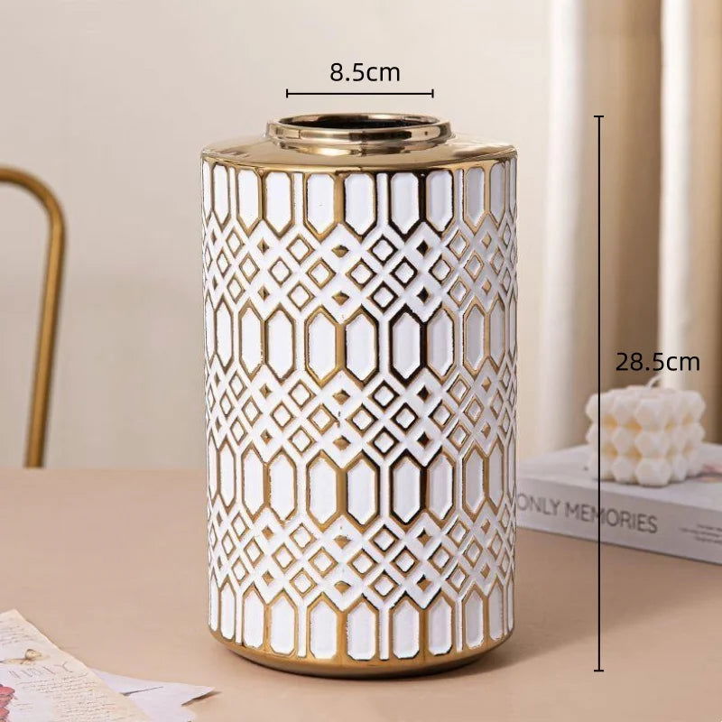 Ceramic Checkmate Jar Porcelain Jar of Ginger Flower Vase Gold Geometric Storage Tank Flower Arranging Craft Home Decoration - Grand Goldman