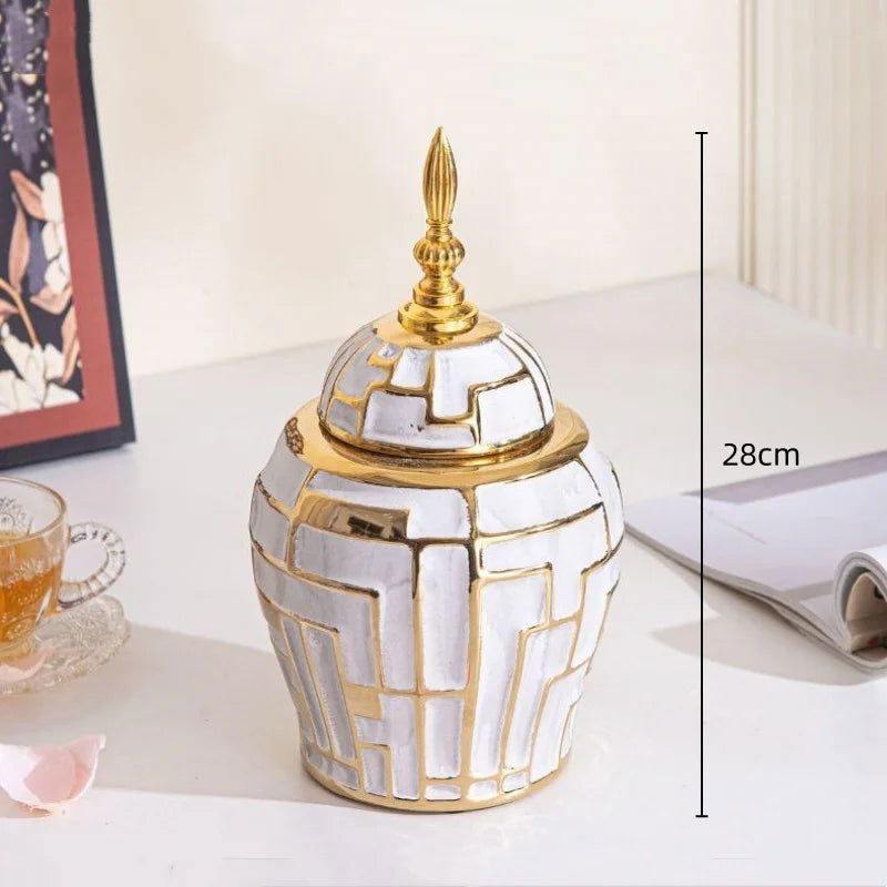 Ceramic Checkmate Jar Porcelain Jar of Ginger Flower Vase Gold Geometric Storage Tank Flower Arranging Craft Home Decoration - Grand Goldman