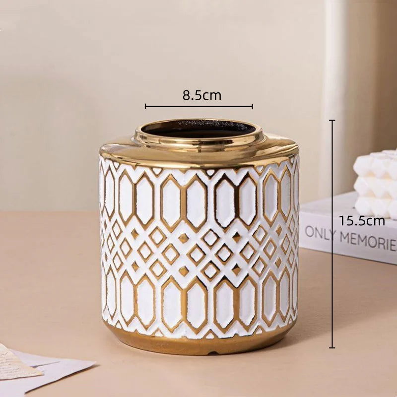Ceramic Checkmate Jar Porcelain Jar of Ginger Flower Vase Gold Geometric Storage Tank Flower Arranging Craft Home Decoration - Grand Goldman