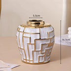 Ceramic Checkmate Jar Porcelain Jar of Ginger Flower Vase Gold Geometric Storage Tank Flower Arranging Craft Home Decoration - Grand Goldman