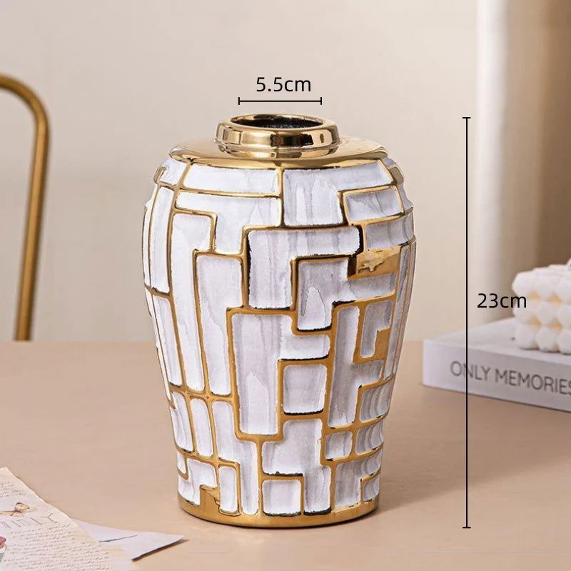 Ceramic Checkmate Jar Porcelain Jar of Ginger Flower Vase Gold Geometric Storage Tank Flower Arranging Craft Home Decoration - Grand Goldman