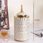 Ceramic Checkmate Jar Porcelain Jar of Ginger Flower Vase Gold Geometric Storage Tank Flower Arranging Craft Home Decoration - Grand Goldman
