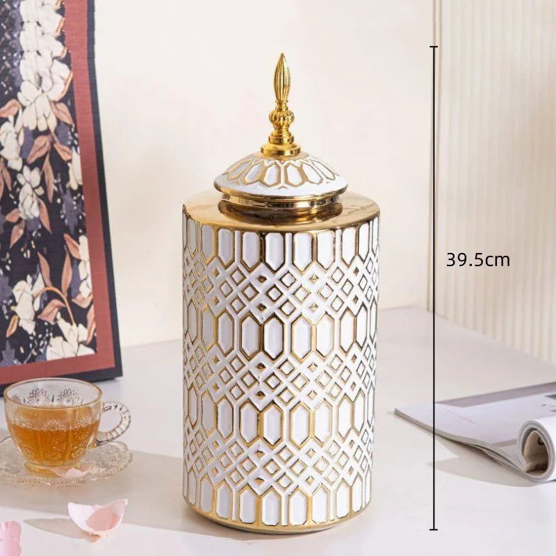 Ceramic Checkmate Jar Porcelain Jar of Ginger Flower Vase Gold Geometric Storage Tank Flower Arranging Craft Home Decoration - Grand Goldman