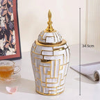 Ceramic Checkmate Jar Porcelain Jar of Ginger Flower Vase Gold Geometric Storage Tank Flower Arranging Craft Home Decoration - Grand Goldman