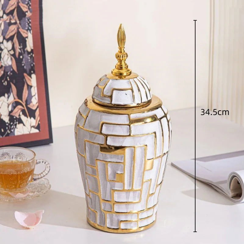 Ceramic Checkmate Jar Porcelain Jar of Ginger Flower Vase Gold Geometric Storage Tank Flower Arranging Craft Home Decoration - Grand Goldman
