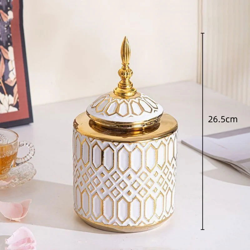 Ceramic Checkmate Jar Porcelain Jar of Ginger Flower Vase Gold Geometric Storage Tank Flower Arranging Craft Home Decoration - Grand Goldman