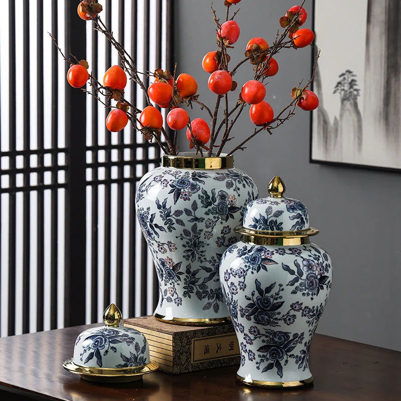 Ceramic General Jar Chinese Vintage Bottle Storage Jar Flower Vase Tall Flower Pot Porcelain Ginger Jar Handicraft Ornaments - Grand Goldman