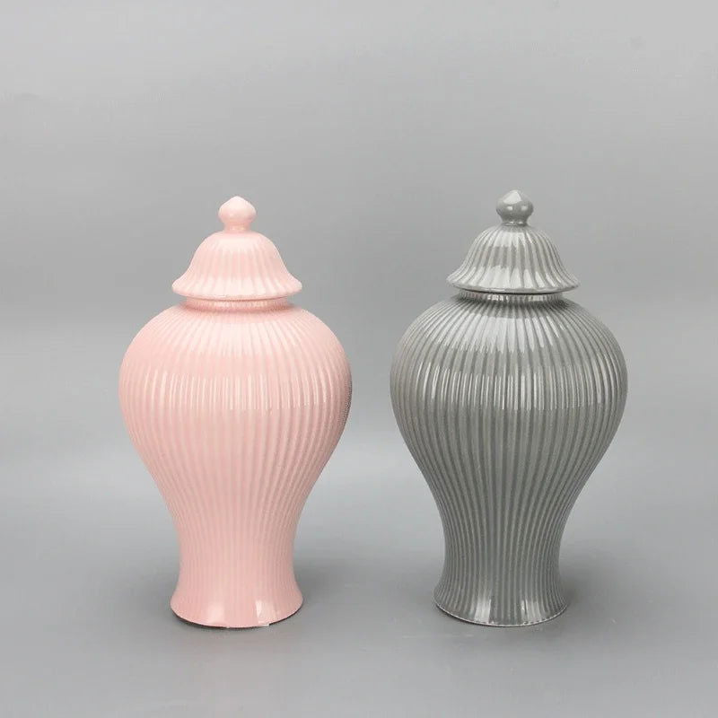 Ceramic General Jar Porcelain Ginger Jar Stripe Sealed Tea Storage Tank with Lid Ceramic Handicraft Ornaments Home Decoration - Grand Goldman