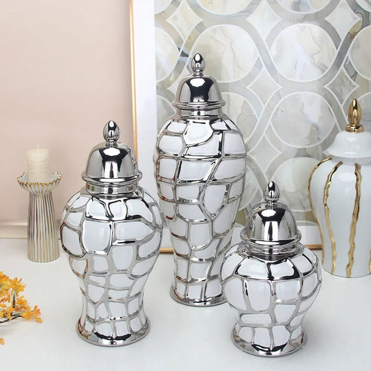 Ceramic General Pot Silver Grid  Porcelain Ginger Jar Storage Tank with Cover Flower Vase Home Furnishing Decoration Vases Pots - Grand Goldman