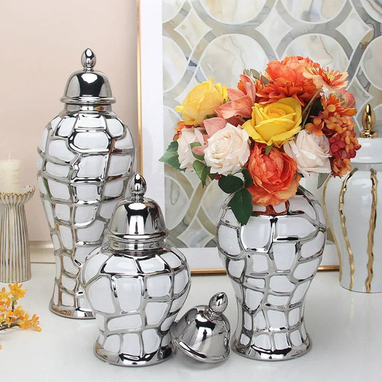 Ceramic General Pot Silver Grid  Porcelain Ginger Jar Storage Tank with Cover Flower Vase Home Furnishing Decoration Vases Pots - Grand Goldman