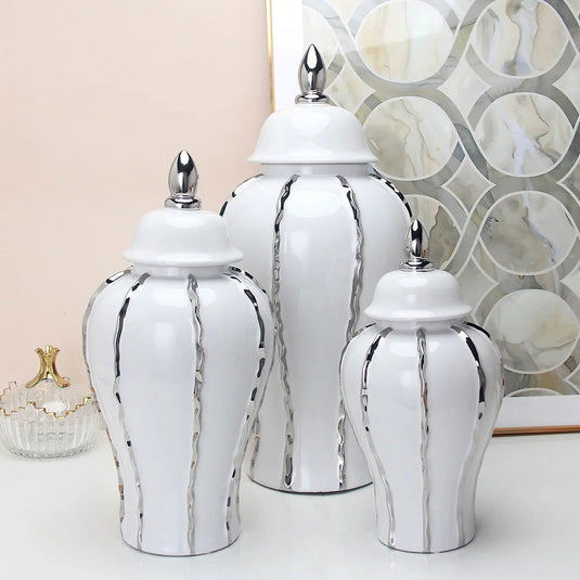 Ceramic General Tank Silver Stripes with Raised Grain Porcelain Ginger Pot  Flower Vase Home Arts and Crafts Decorations - Grand Goldman