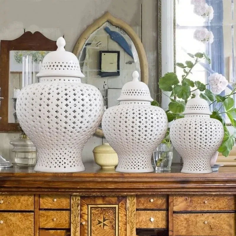 Ceramic Ginger Jar Handmade Hollow Out Retro General Jar Porcelain Storage Tank Art Decorative Tank Vase Home Decoration - Grand Goldman