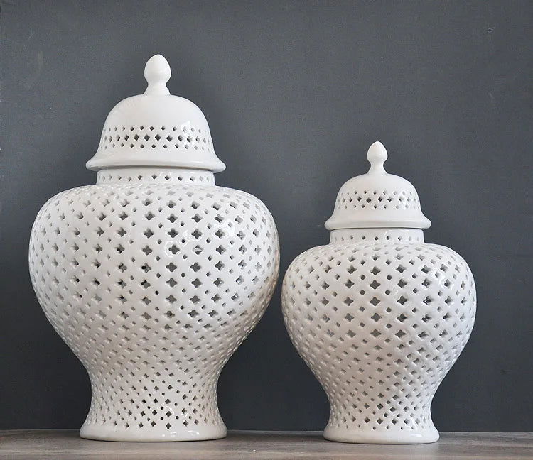 Ceramic Ginger Jar Handmade Hollow Out Retro General Jar Porcelain Storage Tank Art Decorative Tank Vase Home Decoration - Grand Goldman