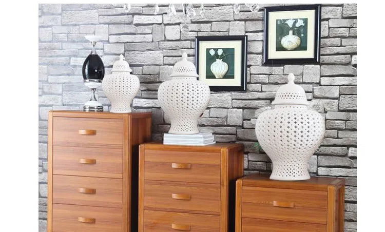 Ceramic Ginger Jar Handmade Hollow Out Retro General Jar Porcelain Storage Tank Art Decorative Tank Vase Home Decoration - Grand Goldman