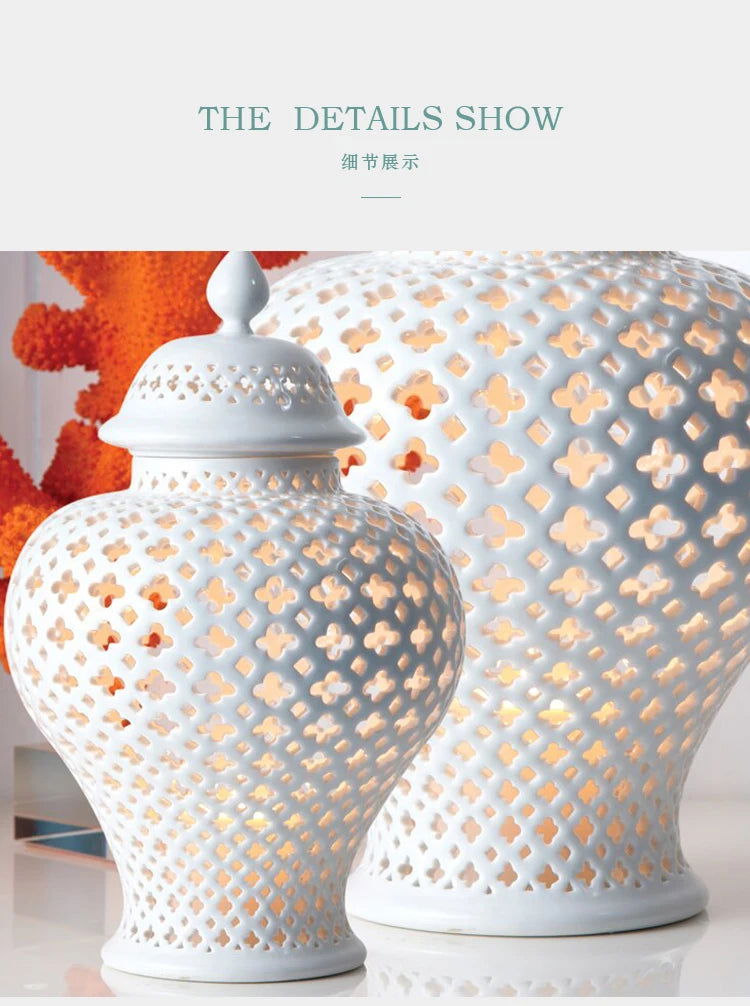 Ceramic Ginger Jar Handmade Hollow Out Retro General Jar Porcelain Storage Tank Art Decorative Tank Vase Home Decoration - Grand Goldman