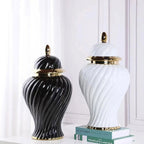 Ceramic Ginger Jar Spiral Pattern General Can Sealed Storage Tank Flower Vase Hand-made Porcelain Vase Home Decoration - Grand Goldman