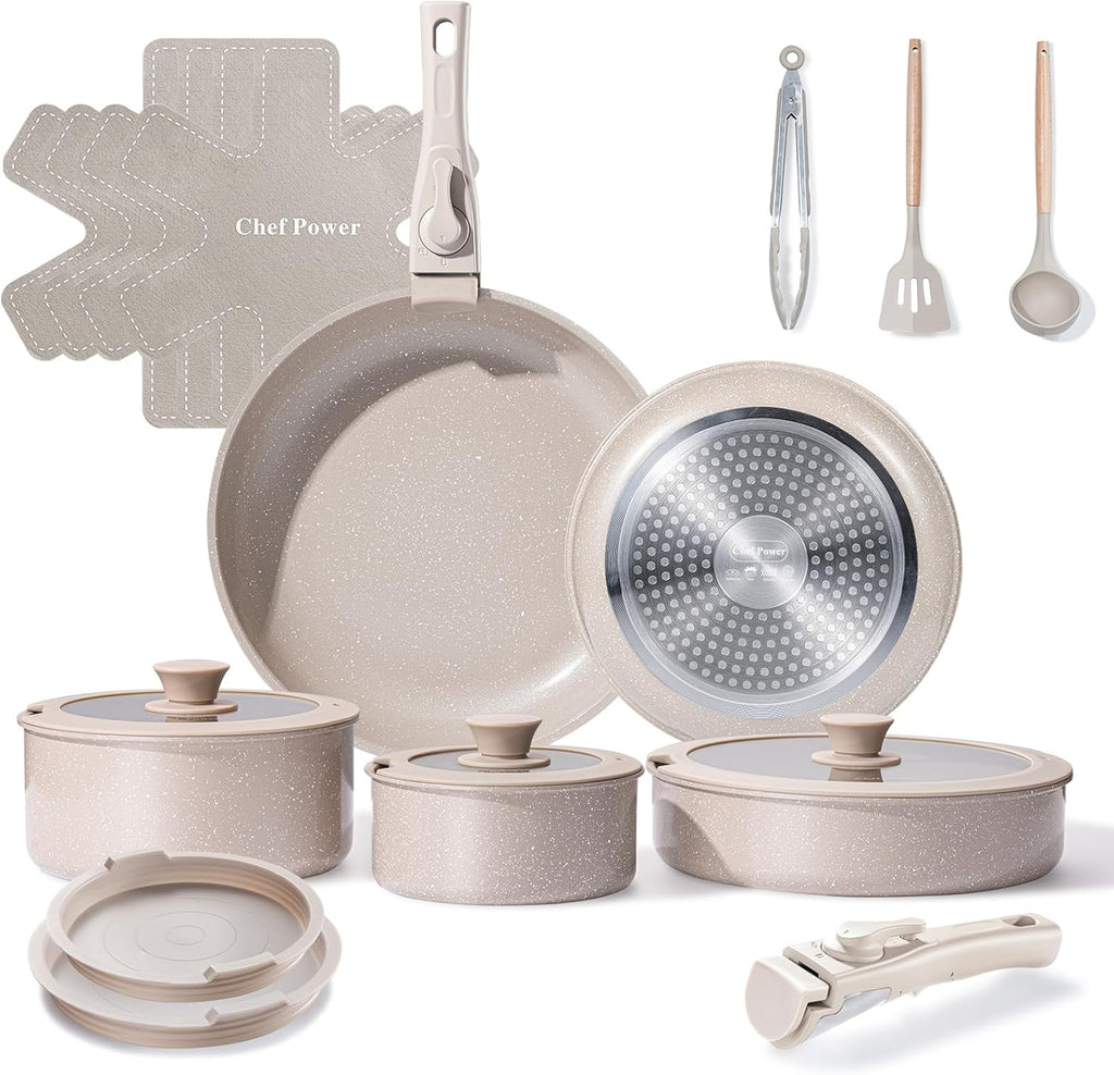 Ceramic Nonstick Pots and Pans Set 19 Piece with Detachable Handle, Induction Dishwasher Oven Safe Cookware Set, RV Kicthen Set Removable Handle, Mocca Taupe - Grand Goldman