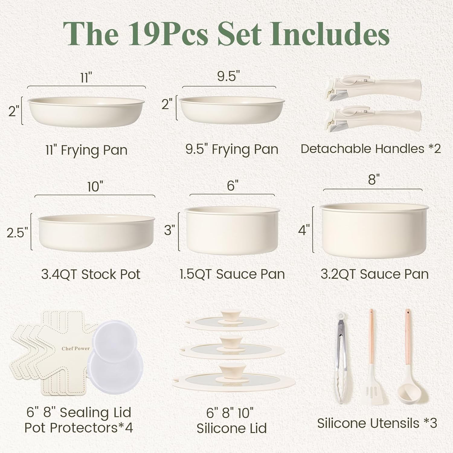 Ceramic Nonstick Pots and Pans Set 19 Piece with Detachable Handle, Induction Dishwasher Oven Safe Cookware Set, RV Kicthen Set Removable Handle, Mocca Taupe - Grand Goldman