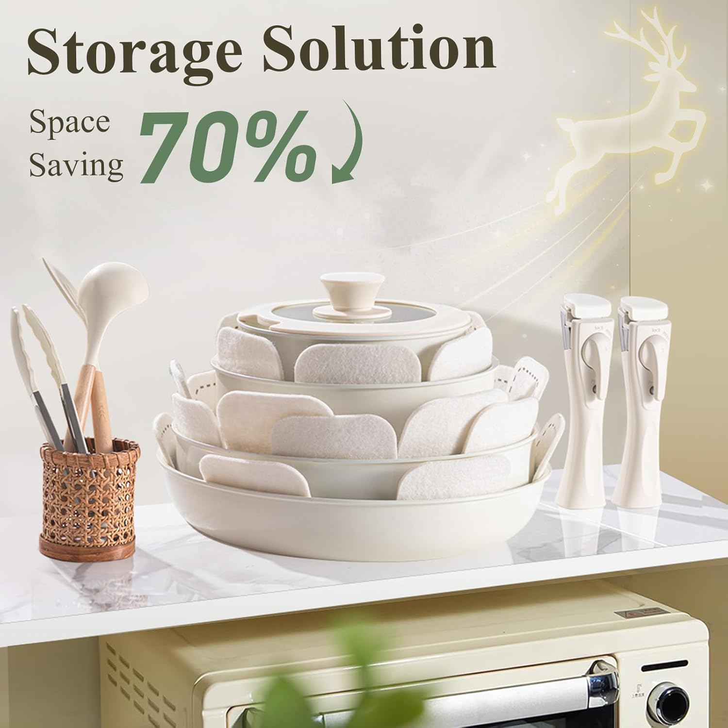 Ceramic Nonstick Pots and Pans Set 19 Piece with Detachable Handle, Induction Dishwasher Oven Safe Cookware Set, RV Kicthen Set Removable Handle, Mocca Taupe - Grand Goldman