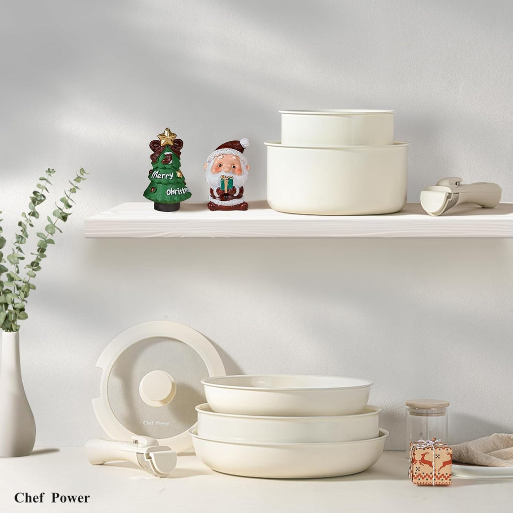 Ceramic Nonstick Pots and Pans Set 19 Piece with Detachable Handle, Induction Dishwasher Oven Safe Cookware Set, RV Kicthen Set Removable Handle, Mocca Taupe - Grand Goldman