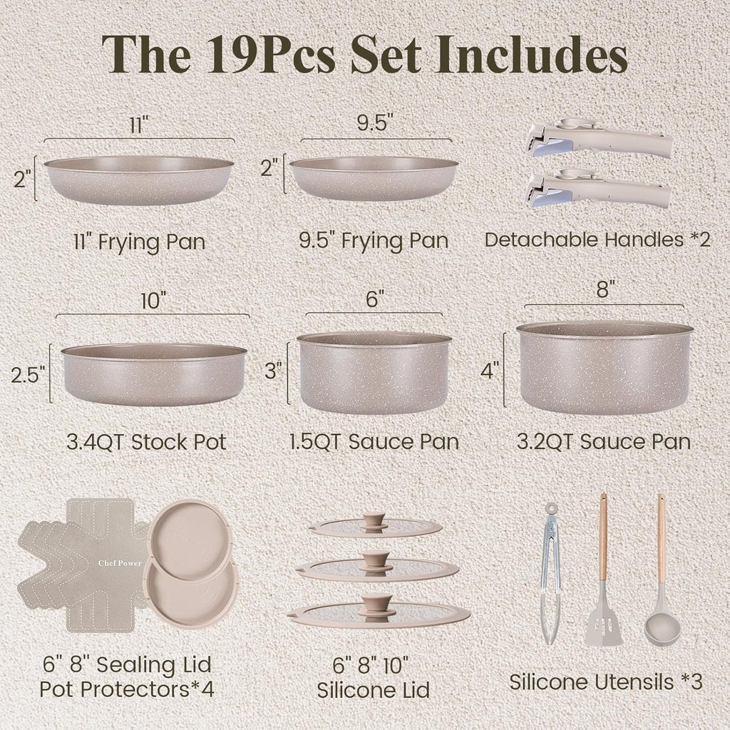 Ceramic Nonstick Pots and Pans Set 19 Piece with Detachable Handle, Induction Dishwasher Oven Safe Cookware Set, RV Kicthen Set Removable Handle, Mocca Taupe - Grand Goldman