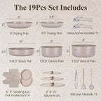 Ceramic Nonstick Pots and Pans Set 19 Piece with Detachable Handle, Induction Dishwasher Oven Safe Cookware Set, RV Kicthen Set Removable Handle, Mocca Taupe - Grand Goldman