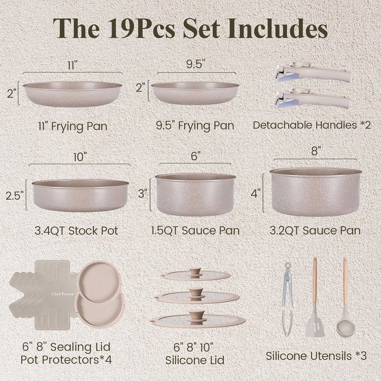 Ceramic Nonstick Pots and Pans Set 19 Piece with Detachable Handle, Induction Dishwasher Oven Safe Cookware Set, RV Kicthen Set Removable Handle, Mocca Taupe - Grand Goldman