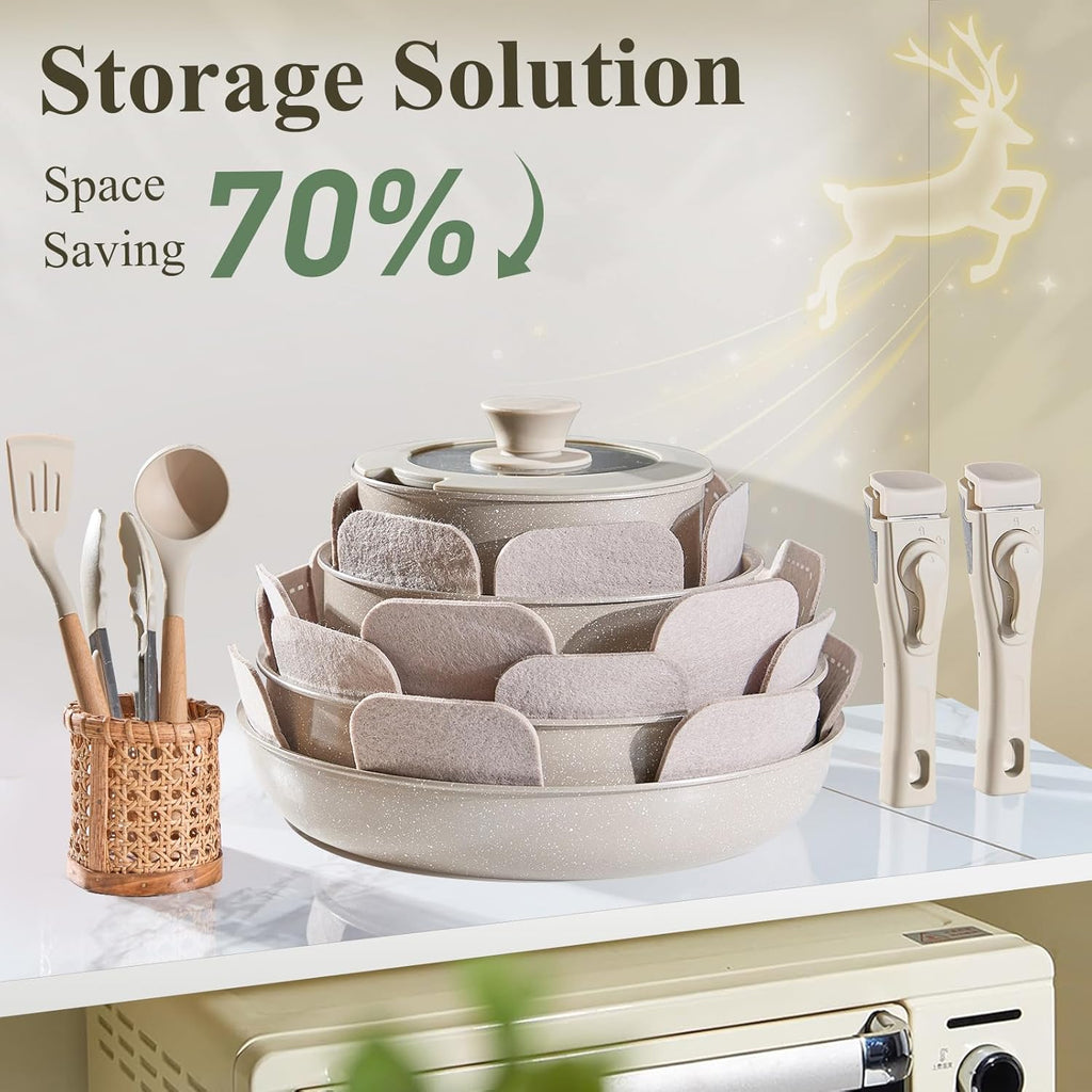 Ceramic Nonstick Pots and Pans Set 19 Piece with Detachable Handle, Induction Dishwasher Oven Safe Cookware Set, RV Kicthen Set Removable Handle, Mocca Taupe - Grand Goldman