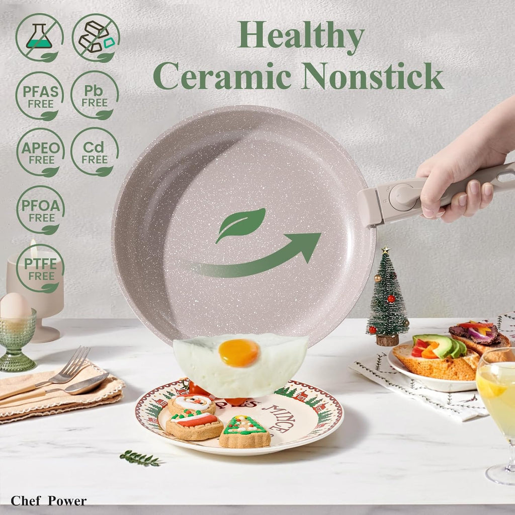 Ceramic Nonstick Pots and Pans Set 19 Piece with Detachable Handle, Induction Dishwasher Oven Safe Cookware Set, RV Kicthen Set Removable Handle, Mocca Taupe - Grand Goldman