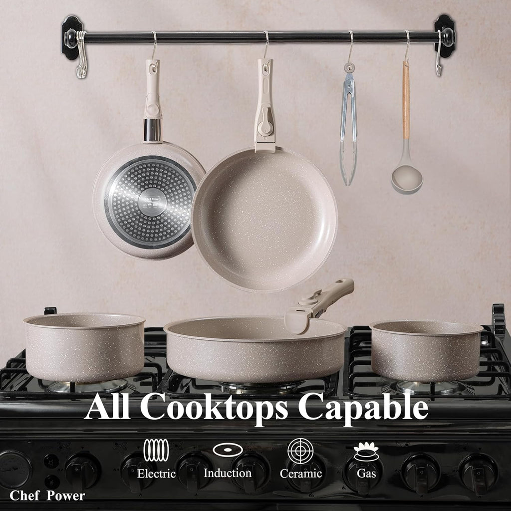 Ceramic Nonstick Pots and Pans Set 19 Piece with Detachable Handle, Induction Dishwasher Oven Safe Cookware Set, RV Kicthen Set Removable Handle, Mocca Taupe - Grand Goldman