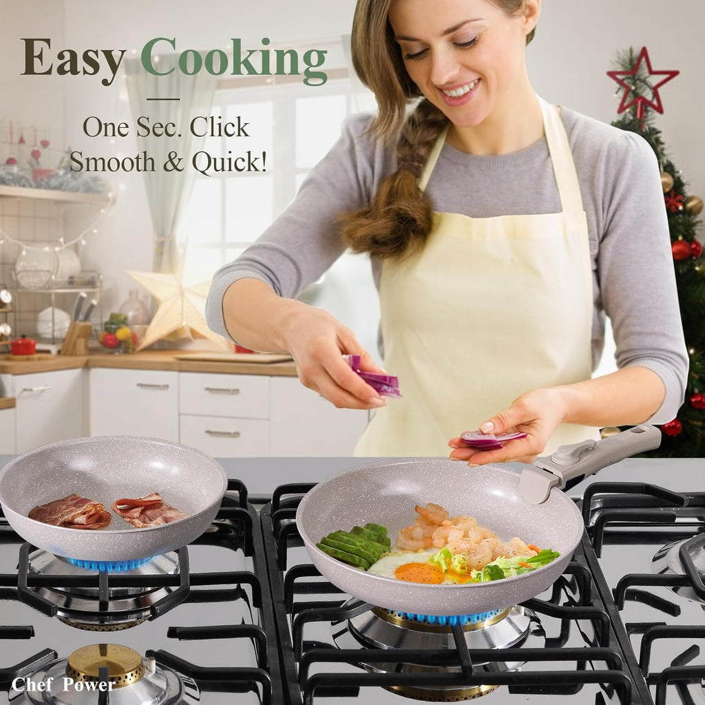 Ceramic Nonstick Pots and Pans Set 19 Piece with Detachable Handle, Induction Dishwasher Oven Safe Cookware Set, RV Kicthen Set Removable Handle, Mocca Taupe - Grand Goldman