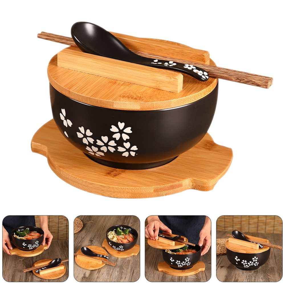 Ceramic Noodle Rice Bowl with Cover Japanese Style Soup Bowl Dinnerware - Grand Goldman