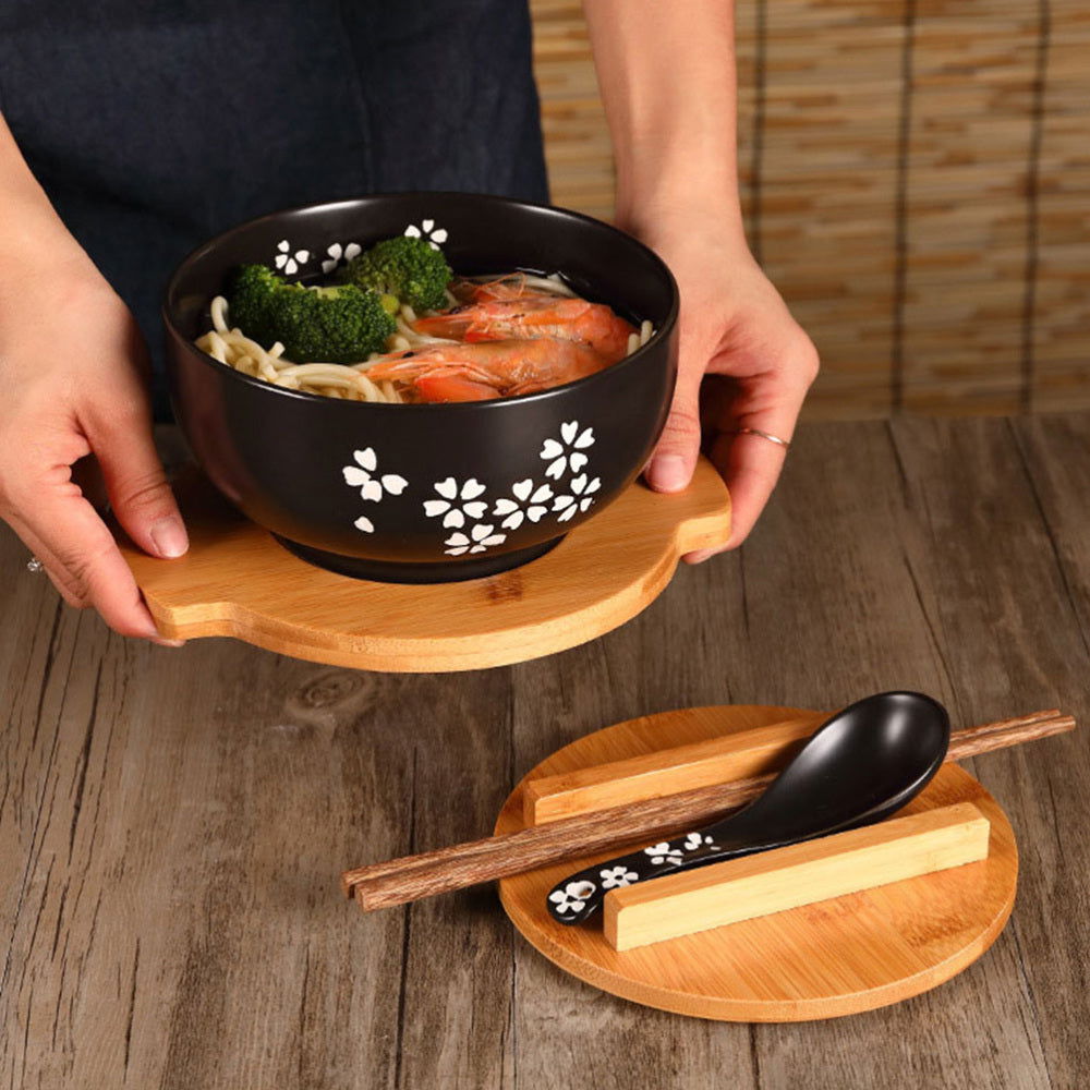 Ceramic Noodle Rice Bowl with Cover Japanese Style Soup Bowl Dinnerware - Grand Goldman