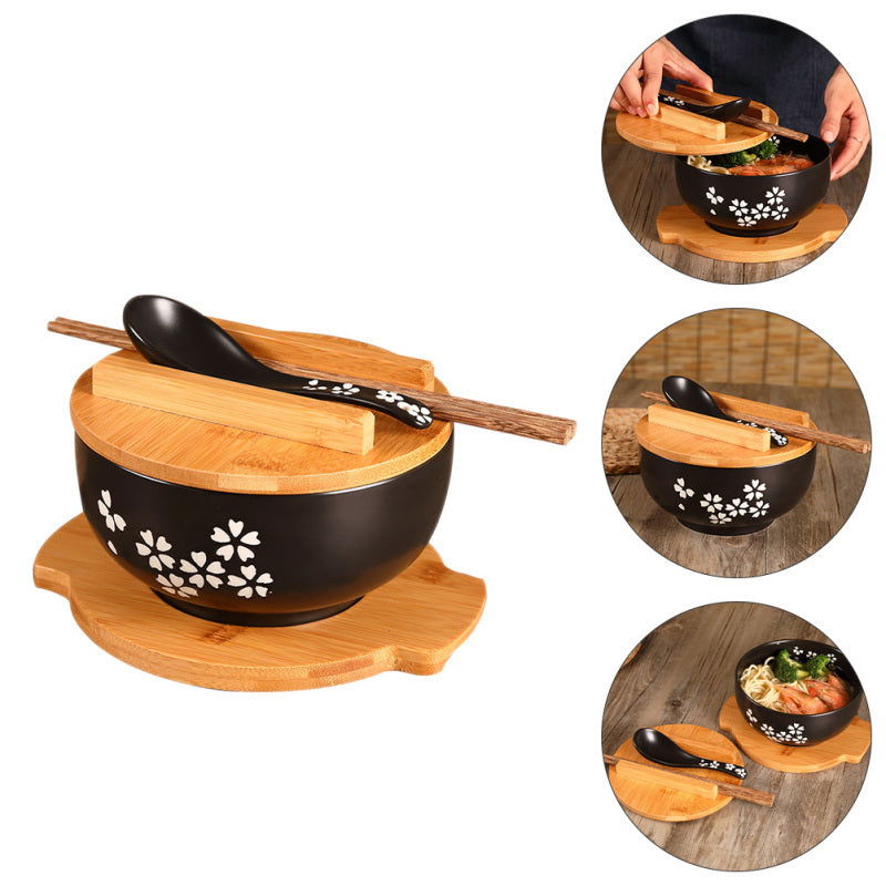 Ceramic Noodle Rice Bowl with Cover Japanese Style Soup Bowl Dinnerware - Grand Goldman