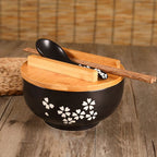 Ceramic Noodle Rice Bowl with Cover Japanese Style Soup Bowl Dinnerware - Grand Goldman