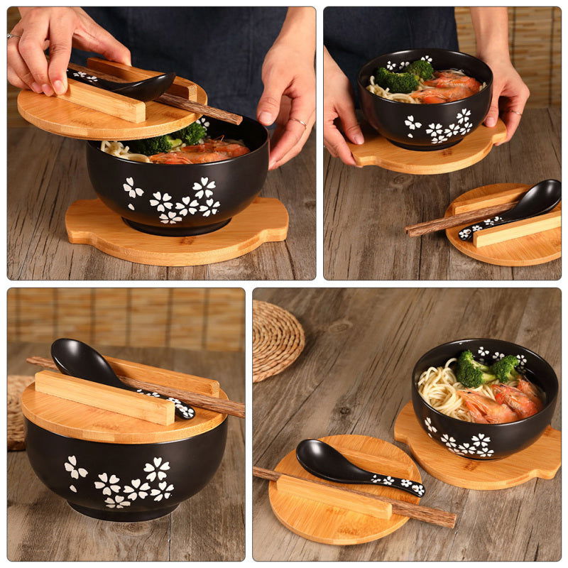 Ceramic Noodle Rice Bowl with Cover Japanese Style Soup Bowl Dinnerware - Grand Goldman