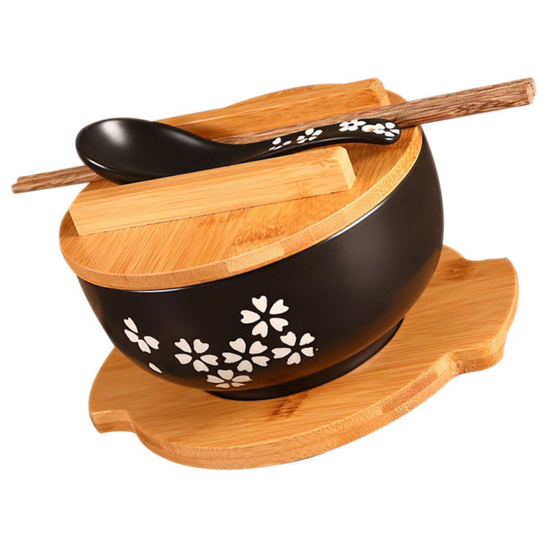 Ceramic Noodle Rice Bowl with Cover Japanese Style Soup Bowl Dinnerware - Grand Goldman