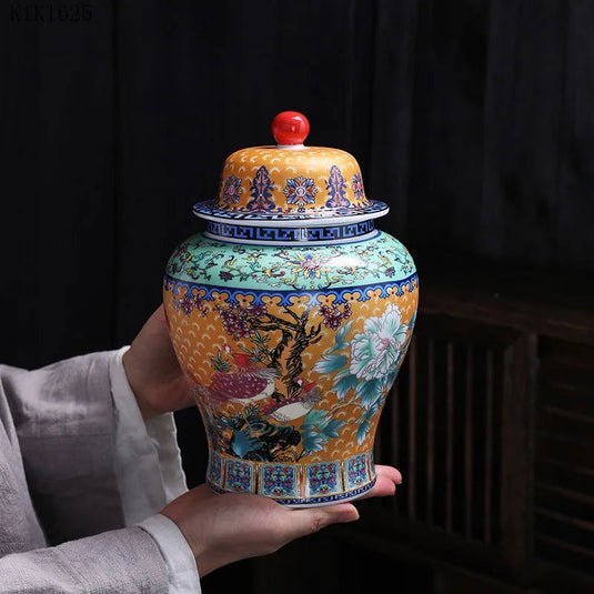 Ceramic Painted Flower and Bird Tea Caddy Color General Jar Household Food Coffee Bean Storage Jar Flower Arrangement Decoration - Grand Goldman