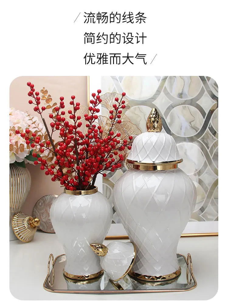 Ceramic Phnom Penh General Jar Rhombus Pattern Ginger Jar Storage Tank Vase with Lid Porcelain Handicraft Ornaments Decoration - Grand Goldman