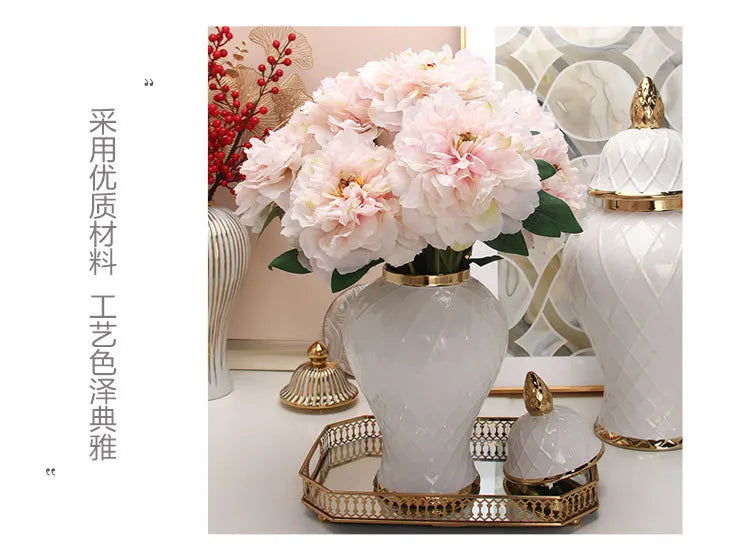 Ceramic Phnom Penh General Jar Rhombus Pattern Ginger Jar Storage Tank Vase with Lid Porcelain Handicraft Ornaments Decoration - Grand Goldman