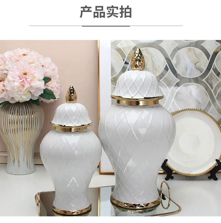 Ceramic Phnom Penh General Jar Rhombus Pattern Ginger Jar Storage Tank Vase with Lid Porcelain Handicraft Ornaments Decoration - Grand Goldman