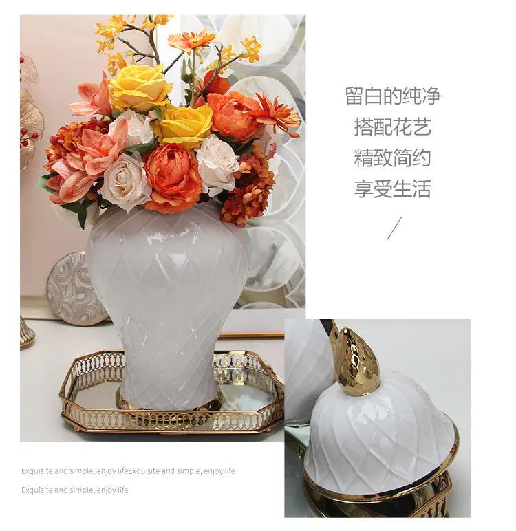 Ceramic Phnom Penh General Jar Rhombus Pattern Ginger Jar Storage Tank Vase with Lid Porcelain Handicraft Ornaments Decoration - Grand Goldman