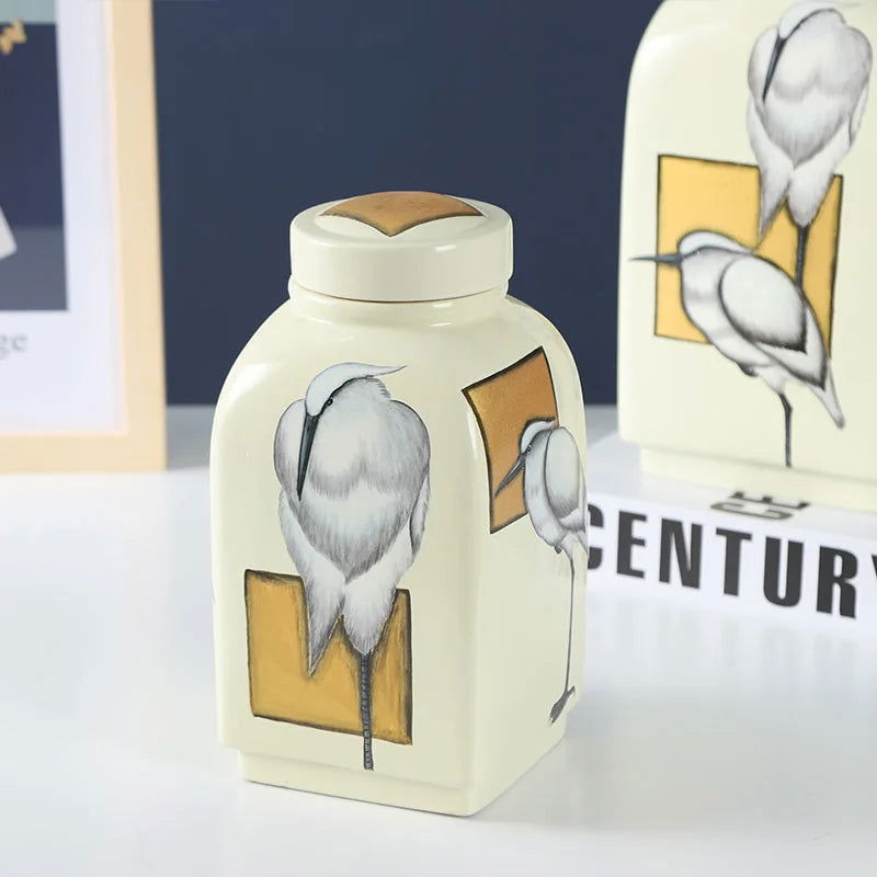 Ceramic Pot Square Ginger Jar Flower Vase Hand-painted Flower and Bird Patterns Storage Tank Home Decoration Accessories - Grand Goldman