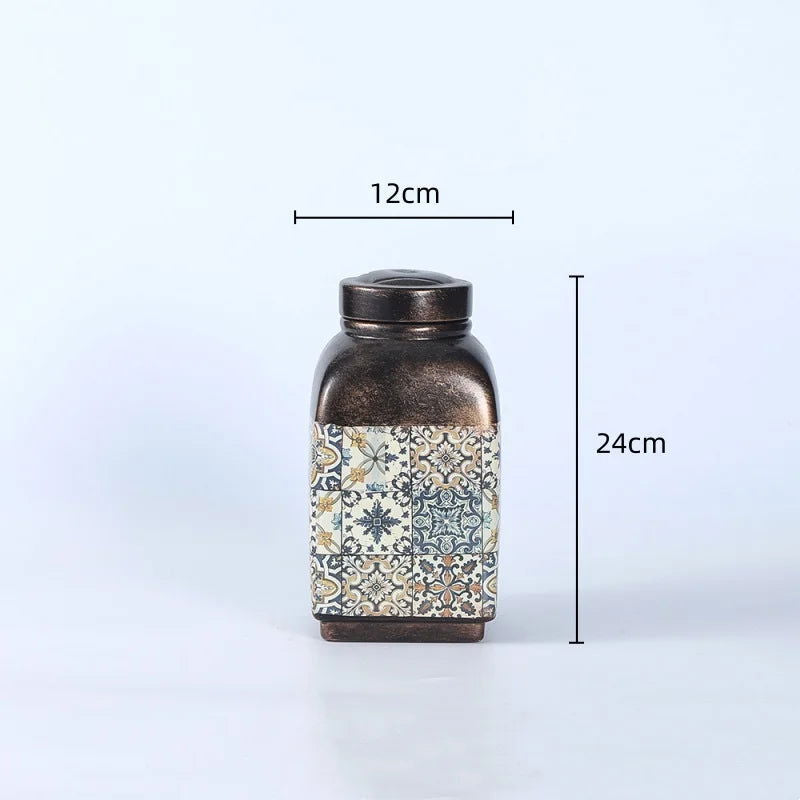 Ceramic Pot Square Ginger Jar Flower Vase Hand-painted Flower and Bird Patterns Storage Tank Home Decoration Accessories - Grand Goldman