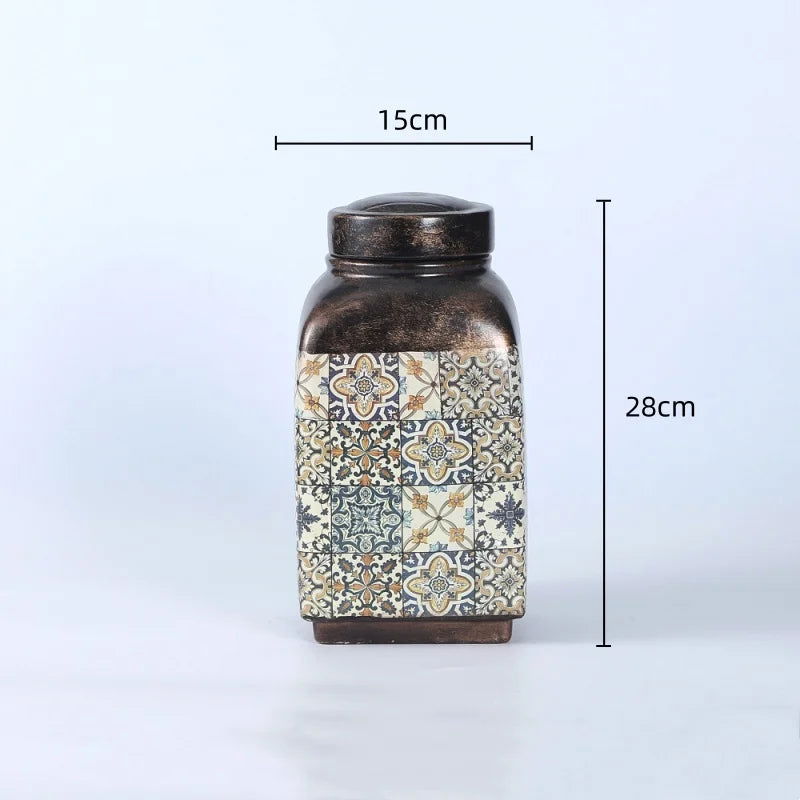 Ceramic Pot Square Ginger Jar Flower Vase Hand-painted Flower and Bird Patterns Storage Tank Home Decoration Accessories - Grand Goldman